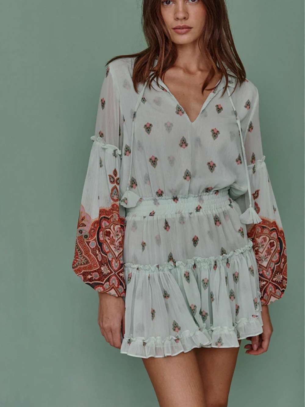 Misa Los Angeles Mint Mini Dress with Rust Paisley Cuffs